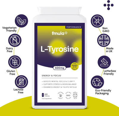 L Tyrosine 500mg | Pure Amino Acid Supplements for Mental Clarity, Stress Management & Energy Boost | Organic, Gluten Free, Vegetarian L-Tyrosine Supplement Capsules for Men & Women | 120 Capsules fmula+