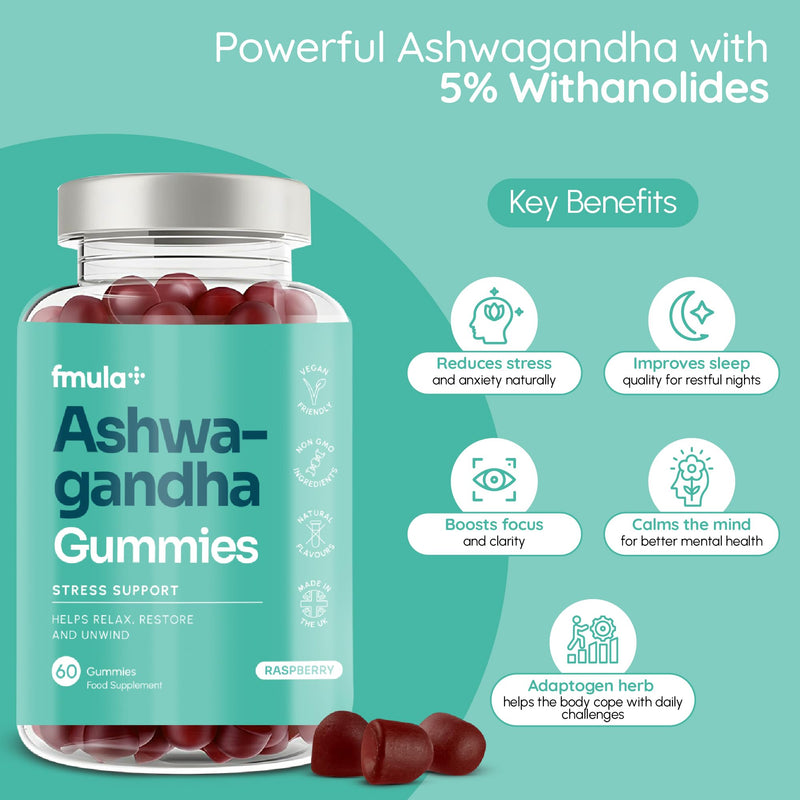 Ashwagandha High Strength Gummies | 1200mg Organic Ashwagandha Gummies with 5% Withanolides Relaxation Stress Relief Supplements | Raspberry Flavour - Vegan - Pack of 1 (Pack of 1) fmula+