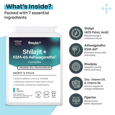 Shilajit and Ashwagandha Capsules | Energy & Wellness Ashwagandha Shilajit Capsules with Rhodiola, Zinc, Vitamin D3, B6 & Piperine Extract | Vegan Friendly Energy Supplements for Men & Women fmula+