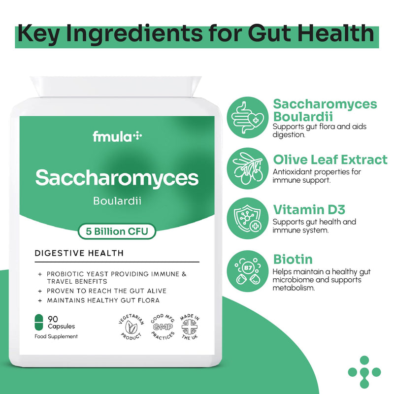 Saccharomyces Boulardii Supplement | 5 Billion CFU Yeast Probiotic Capsules with Vitamin D3, Olive Leaf & Biotin for Gut Balance & Immune Support | No Refrigeration Required | UK Made | 90 Capsules fmula+