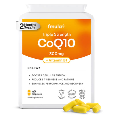 CoQ10 Supplement 300mg | 60 High Strength Coenzyme Q10 Capsules with Vitamin B1 for Energy Metabolism & Heart Health | Ubiquinone Co Enzyme Q10 Supplements | Vegan Capsules & UK Made - 2 Month Supply fmula+