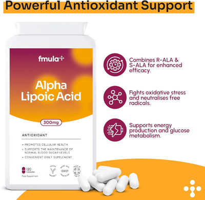 Alpha Lipoic Acid 300mg Capsules Supplement | High Strength R-ALA & S-ALA Alpha-Lipoic Acid Helps Support Cellular Health & Blood Sugar Levels | Vegan & UK Made - 120 Capsules fmula+