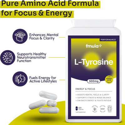 L Tyrosine 500mg | Pure Amino Acid Supplements for Mental Clarity, Stress Management & Energy Boost | Organic, Gluten Free, Vegetarian L-Tyrosine Supplement Capsules for Men & Women | 120 Capsules fmula+