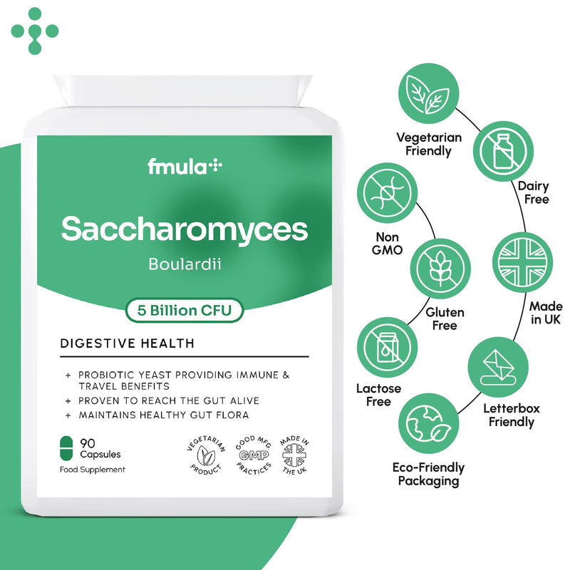 Saccharomyces Boulardii Supplement | 5 Billion CFU Yeast Probiotic Capsules with Vitamin D3, Olive Leaf & Biotin for Gut Balance & Immune Support | No Refrigeration Required | UK Made | 90 Capsules fmula+