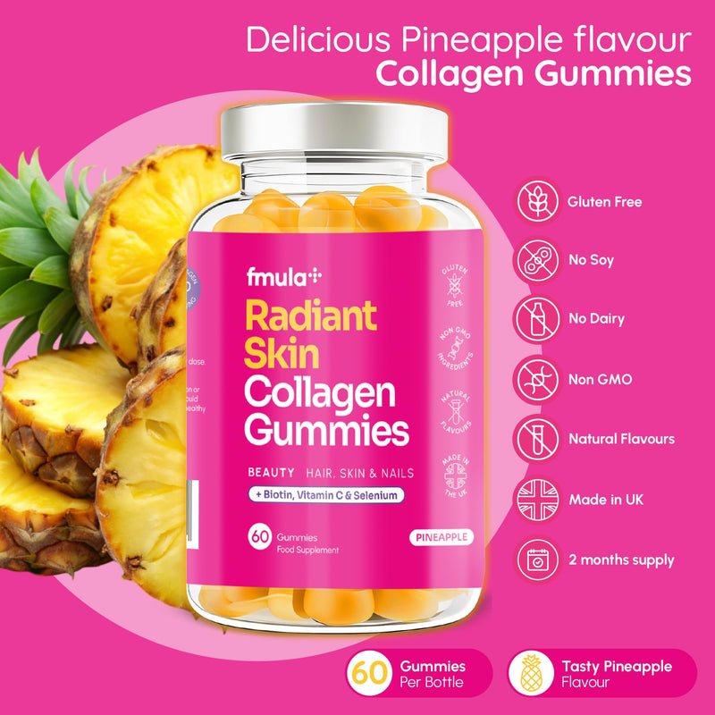 Radiant Skin Collagen Gummies | 60 Hydrolysed Collagen Peptide Gummy Supplements with Biotin, Vitamin A C E and Selenium | Hair Skin and Nails Gummies for Women | Pineapple Flavour - 2 Months Supply fmula+