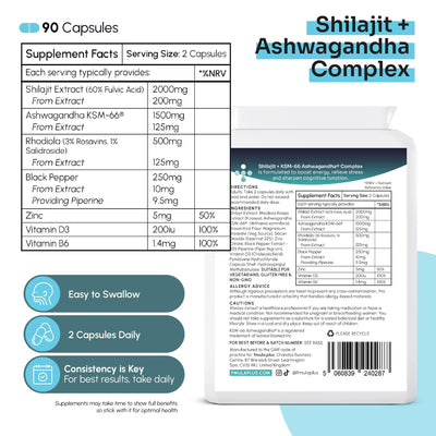 Shilajit and Ashwagandha Capsules | Energy & Wellness Ashwagandha Shilajit Capsules with Rhodiola, Zinc, Vitamin D3, B6 & Piperine Extract | Vegan Friendly Energy Supplements for Men & Women fmula+