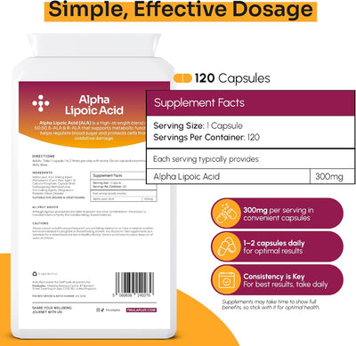 Alpha Lipoic Acid 300mg Capsules Supplement | High Strength R-ALA & S-ALA Alpha-Lipoic Acid Helps Support Cellular Health & Blood Sugar Levels | Vegan & UK Made - 120 Capsules fmula+